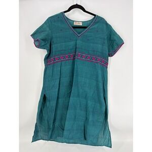 Fabindia Women's Teal Embroidered‎ Cotton Tunic Dress XL Short Sleeve